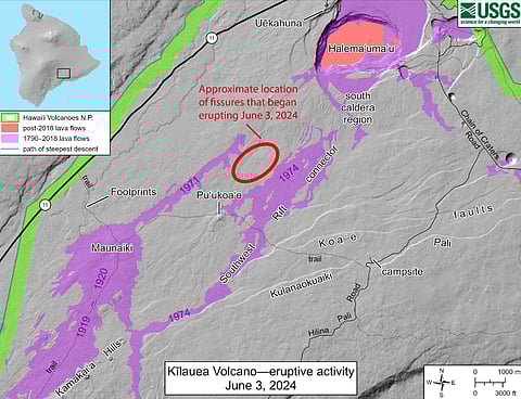Map shows the approximate location of fissures that began erupting June 3, 2024.